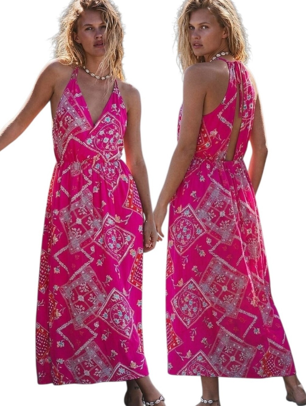 OCTAVIA Pink Patchwork Print Halter Maxi Dress - Size M